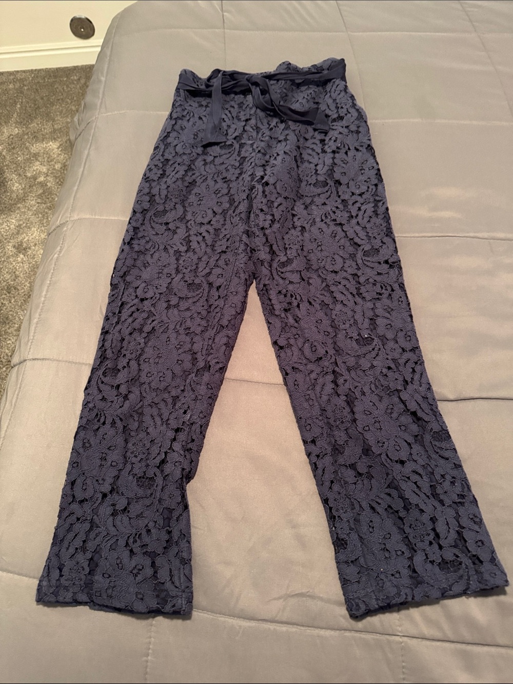 Lace Ankle-Length Lined Cropped Pants - Navy